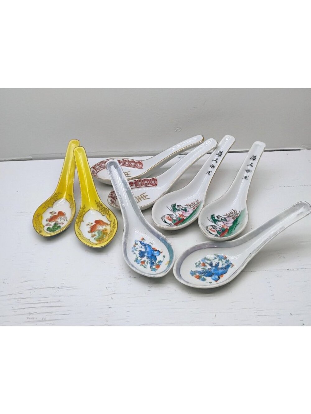 Vtg Chinese Porcelain Spoon Lot Koi Fish Birds Hand Painted 8 Total